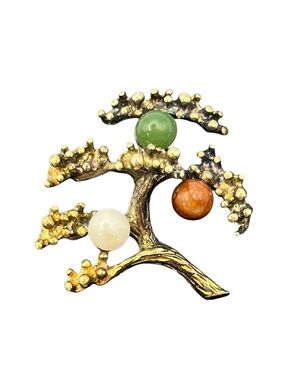 Chinese Japanese bonsai tree Signed Brooch pin gold over sterling silver vintage